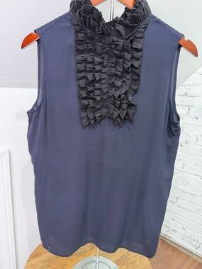 Tory Burch 100% Silk Black and Navy Sleeveless Ruffled Bib Collar Blouse Size 8